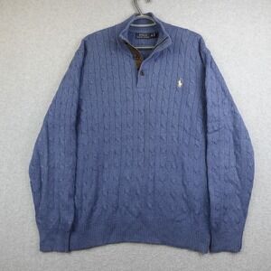 Polo Ralph Lauren Men's Sweater Blue Tussah Silk Cable Knit 1/4 Zip